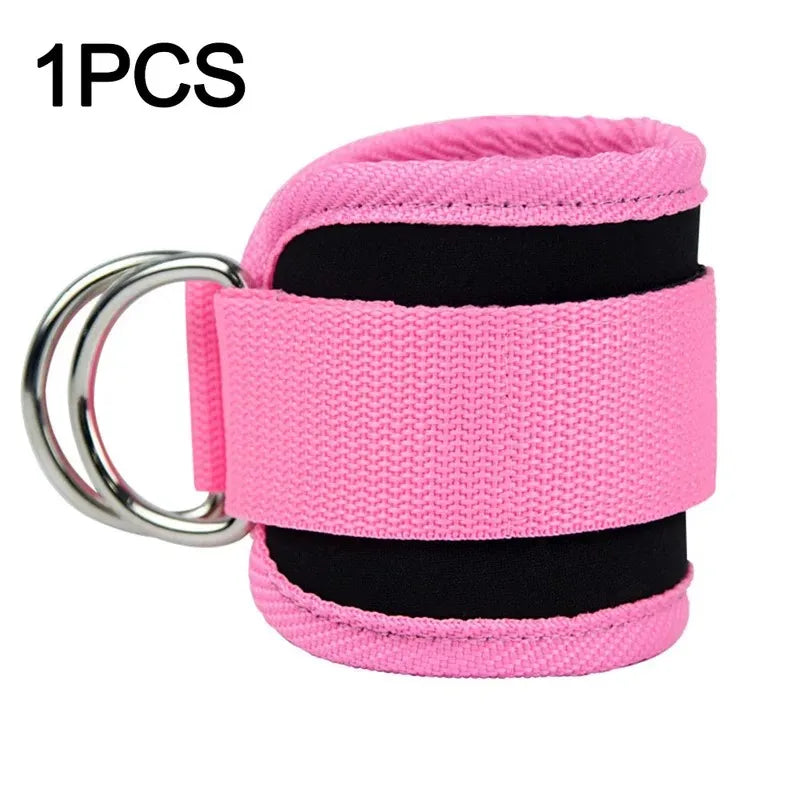 Single bright pink ankle strap for gym cable machines with black padding and silver D-ring attachment.