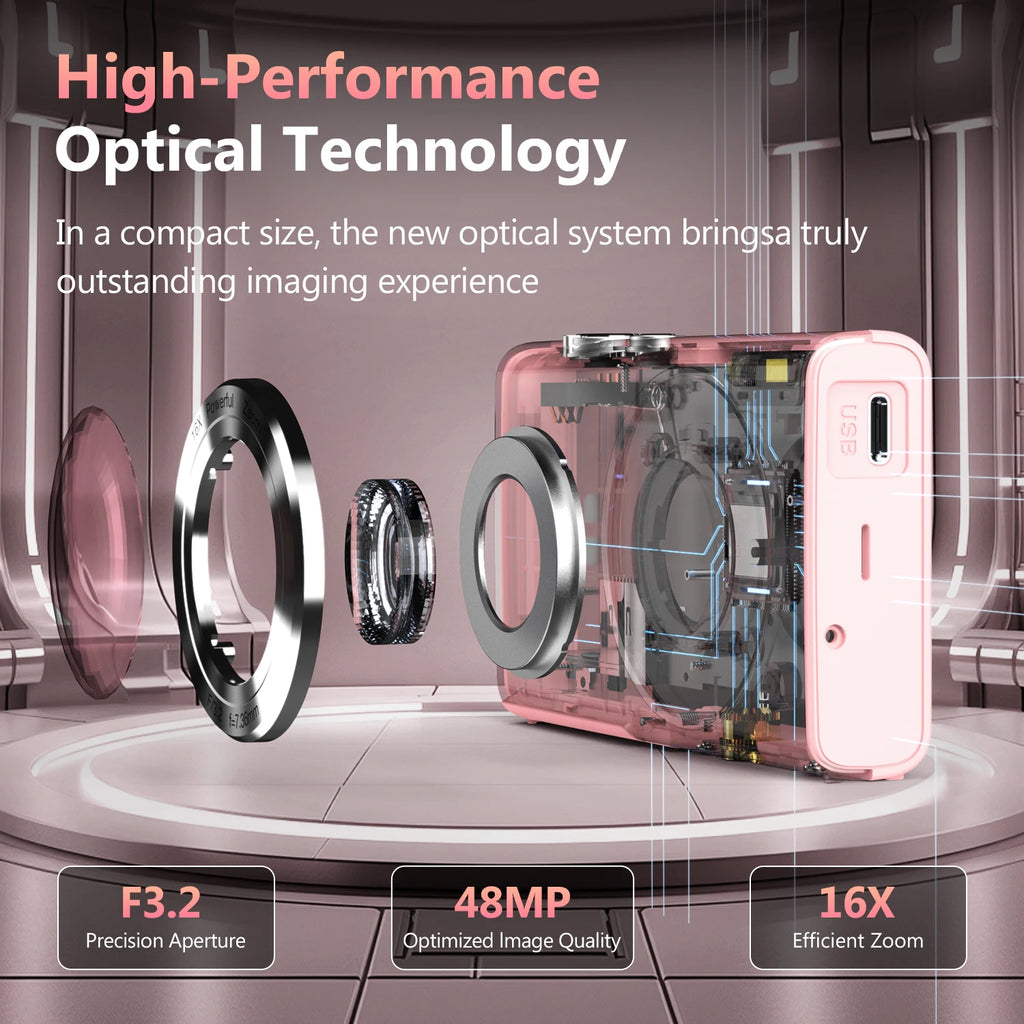 A pink compact digital camera featuring a metallic lens assembly, 48MP sensor, F3.2 aperture, and 16X zoom.