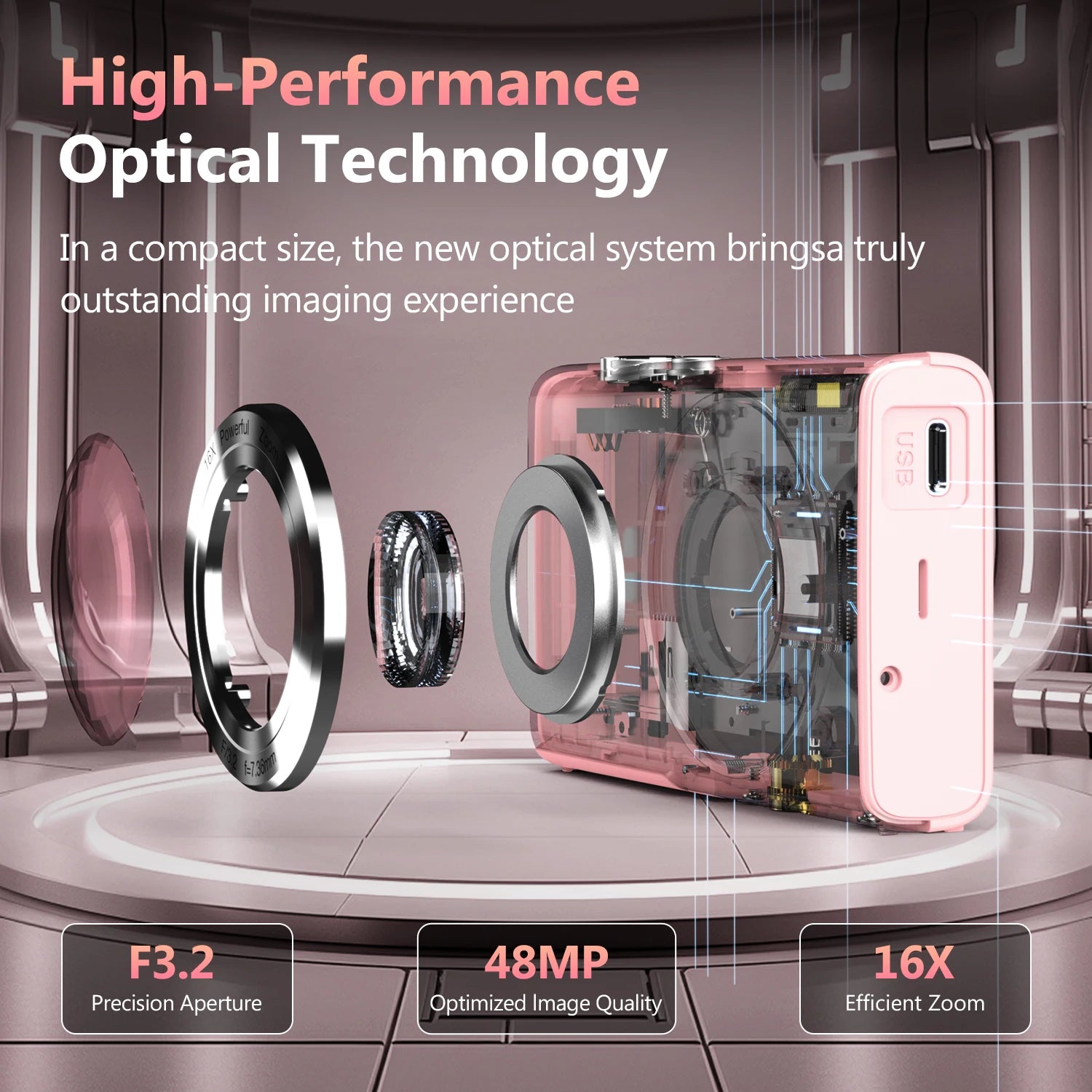 A pink compact digital camera featuring a metallic lens assembly, 48MP sensor, F3.2 aperture, and 16X zoom.