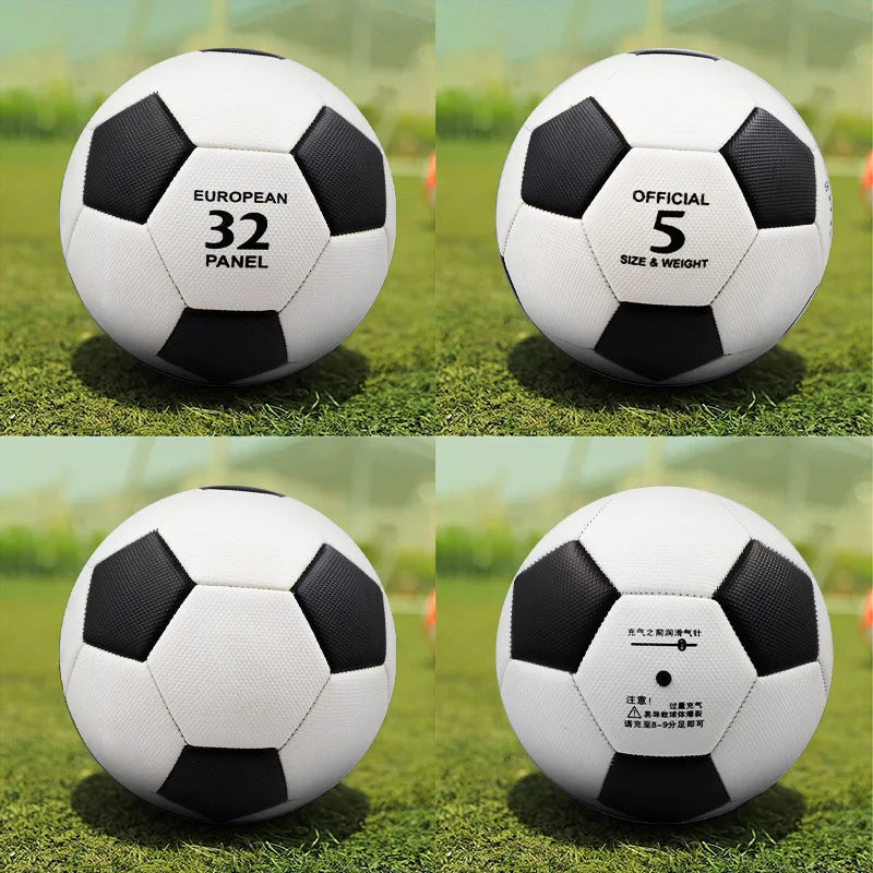 Four views of a classic black and white 32-panel football, size 5, shown on a grass pitch.