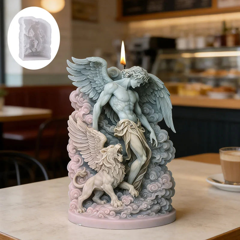 Statue-style candle featuring a winged angel and lion in a pastel, cloud-like design with a lit wick on a table.