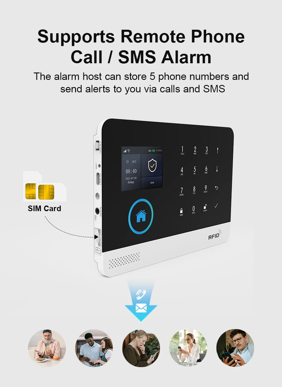 Black and white wireless home alarm panel with digital screen, touch keypad, RFID support, and SIM card slot.