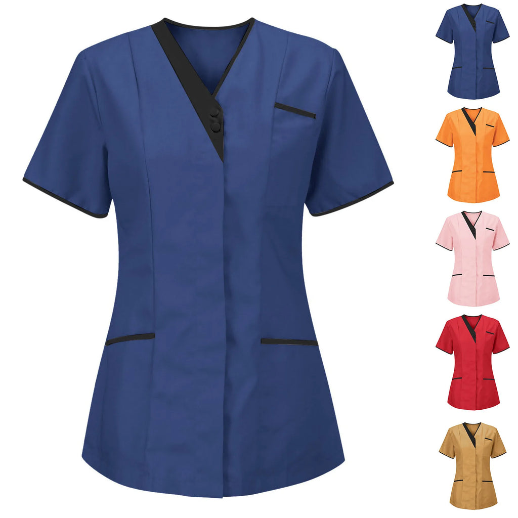 Women's short-sleeved V-neck tunic with contrast trim and pockets, available in blue, orange, pink, red, and tan.