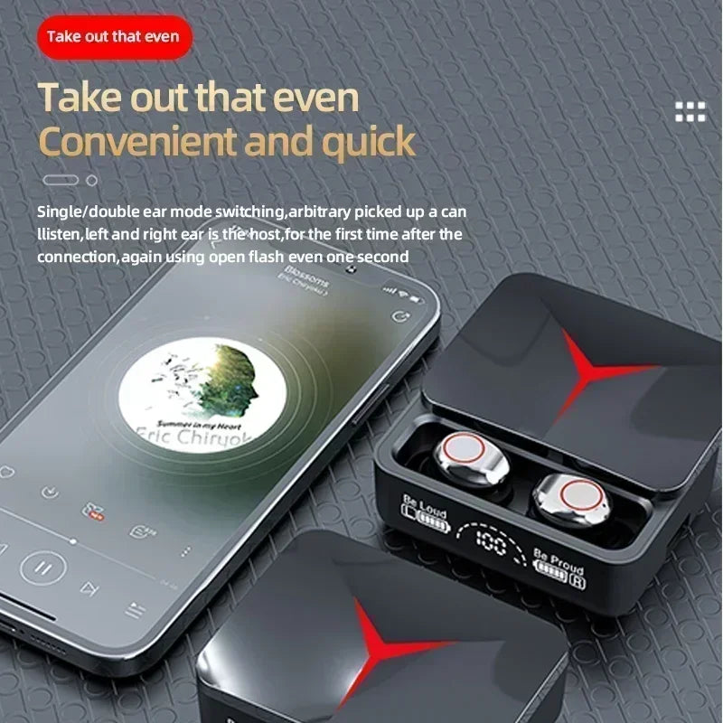 Black wireless earbuds with silver accents in a charging case, featuring a red glowing logo and digital battery display.