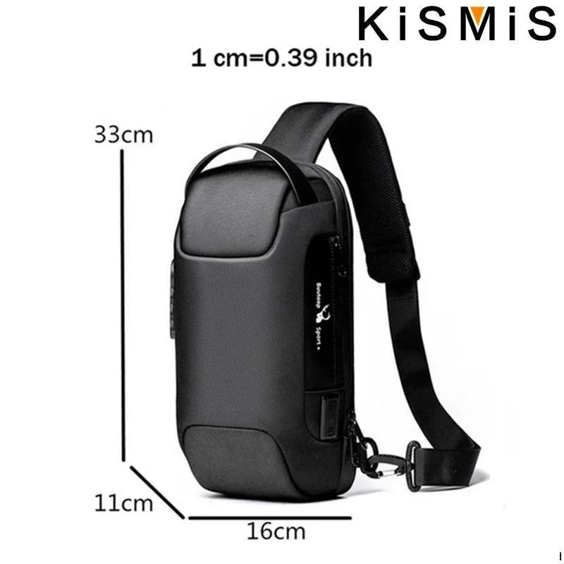 Black waterproof anti-theft crossbody bag with a built-in USB charging port and an adjustable shoulder strap.