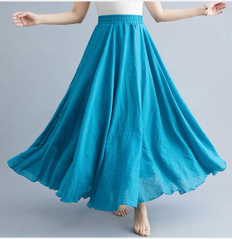 A flowing, turquoise blue maxi skirt with an elasticated waistband and lightweight, gathered fabric.
