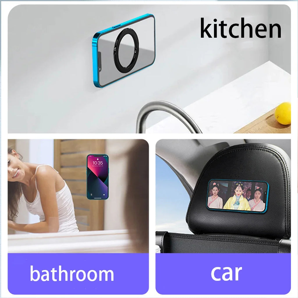 Magnetic blue phone mount attached to kitchen, bathroom, and car surfaces for hands-free viewing.