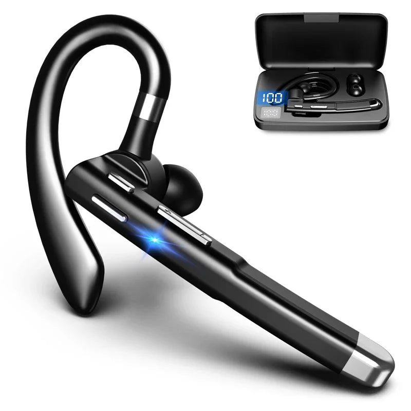 Black wireless Bluetooth earhook headphone with microphone and a digital charging case display.