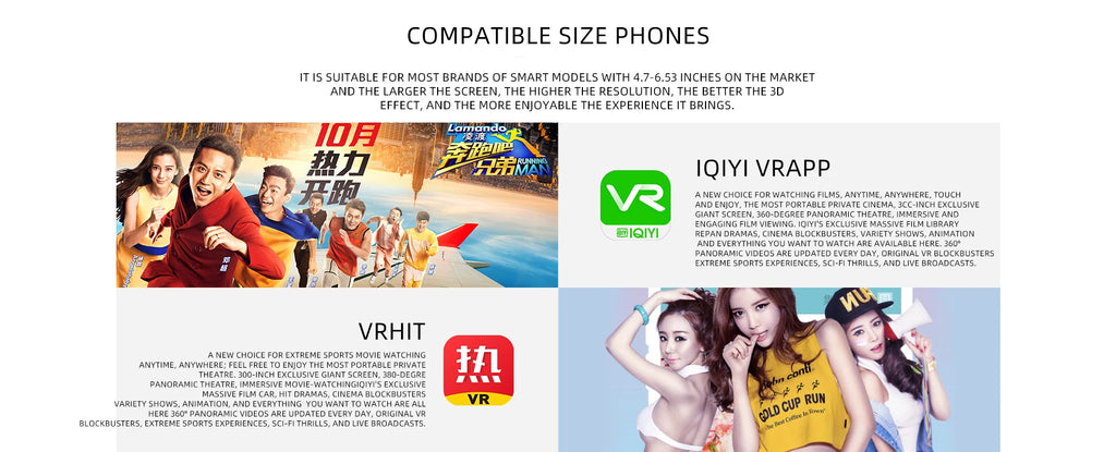 Black 3D virtual reality headset for smartphones with 4.7 to 6.53-inch screens, offering an immersive cinematic view.