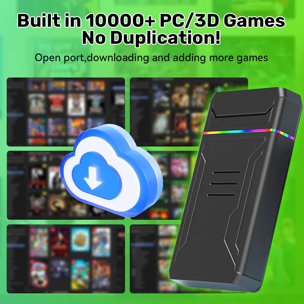 Black 3T gaming HDD console with colorful LED accent and ventilation slots, floating download cloud graphic.