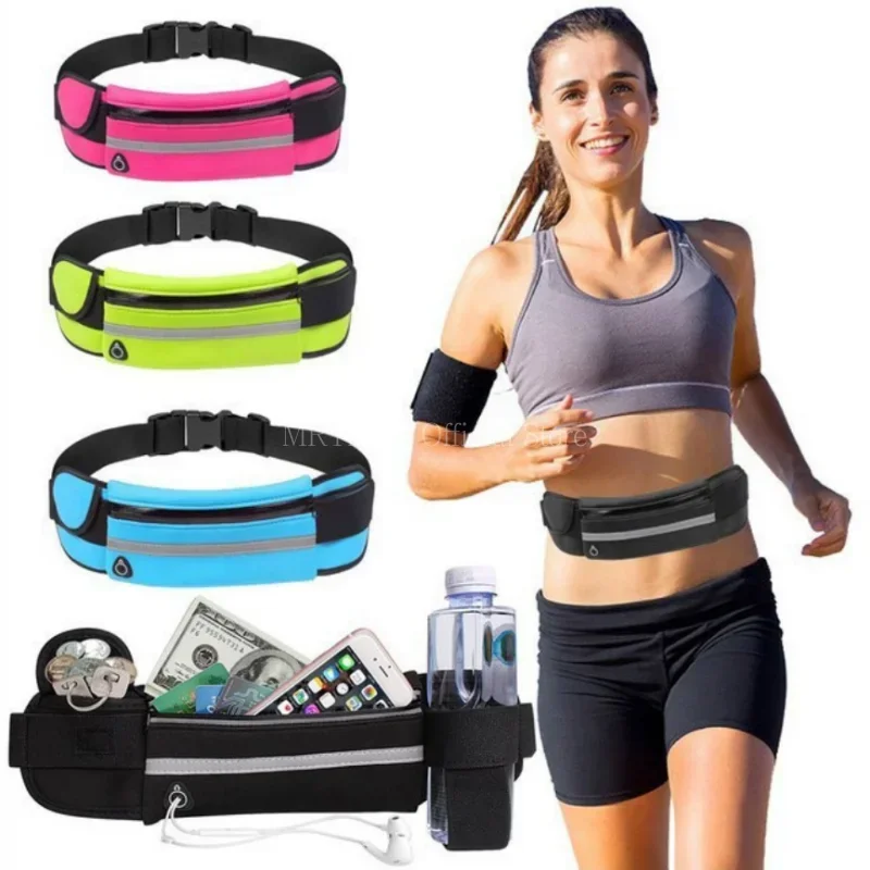 Running belt waist packs in pink, neon yellow, blue, and black, featuring zip pockets, reflective strips, and holder.