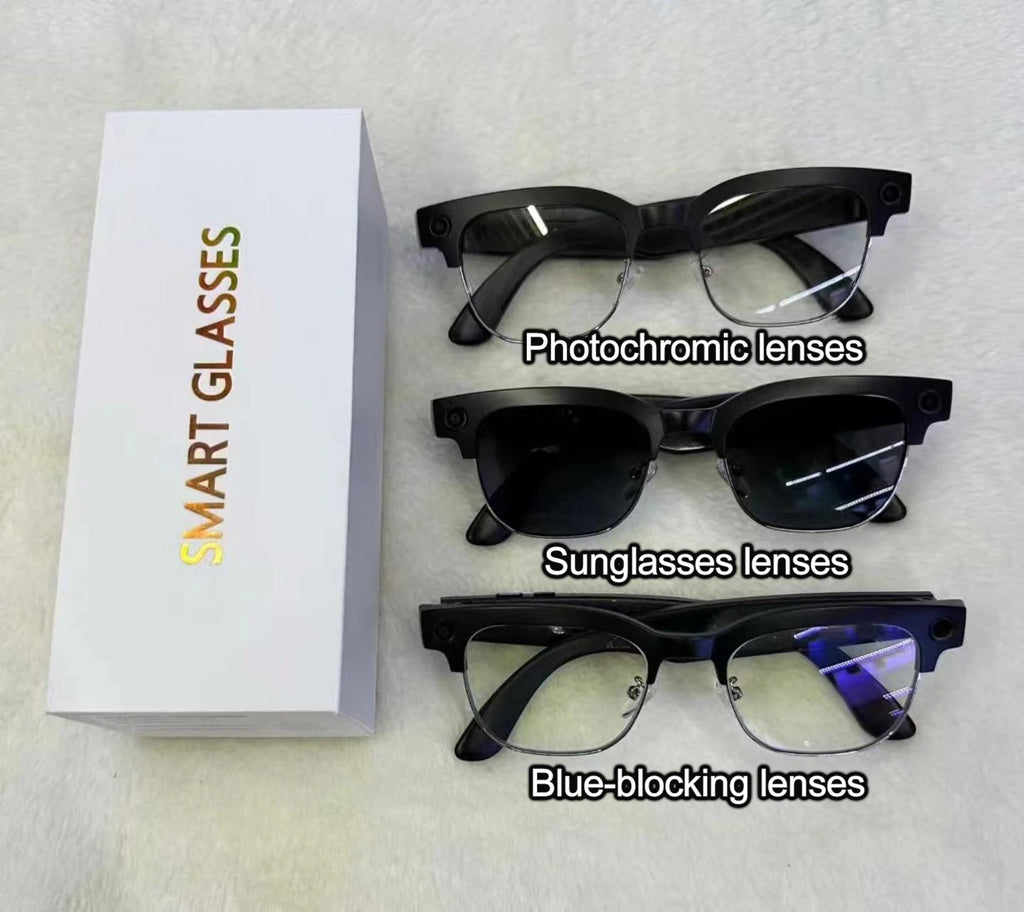 Smart AI recording glasses with black frames, shown with photochromic, sunglasses, and blue-blocking lens options.
