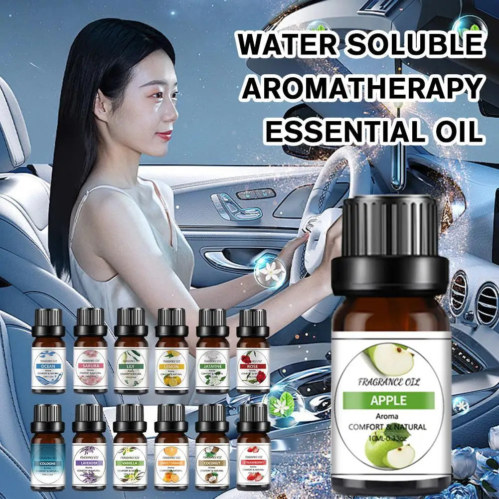 Amber glass bottles of water-soluble aromatherapy essential oils, featuring various fruit and floral scent labels.