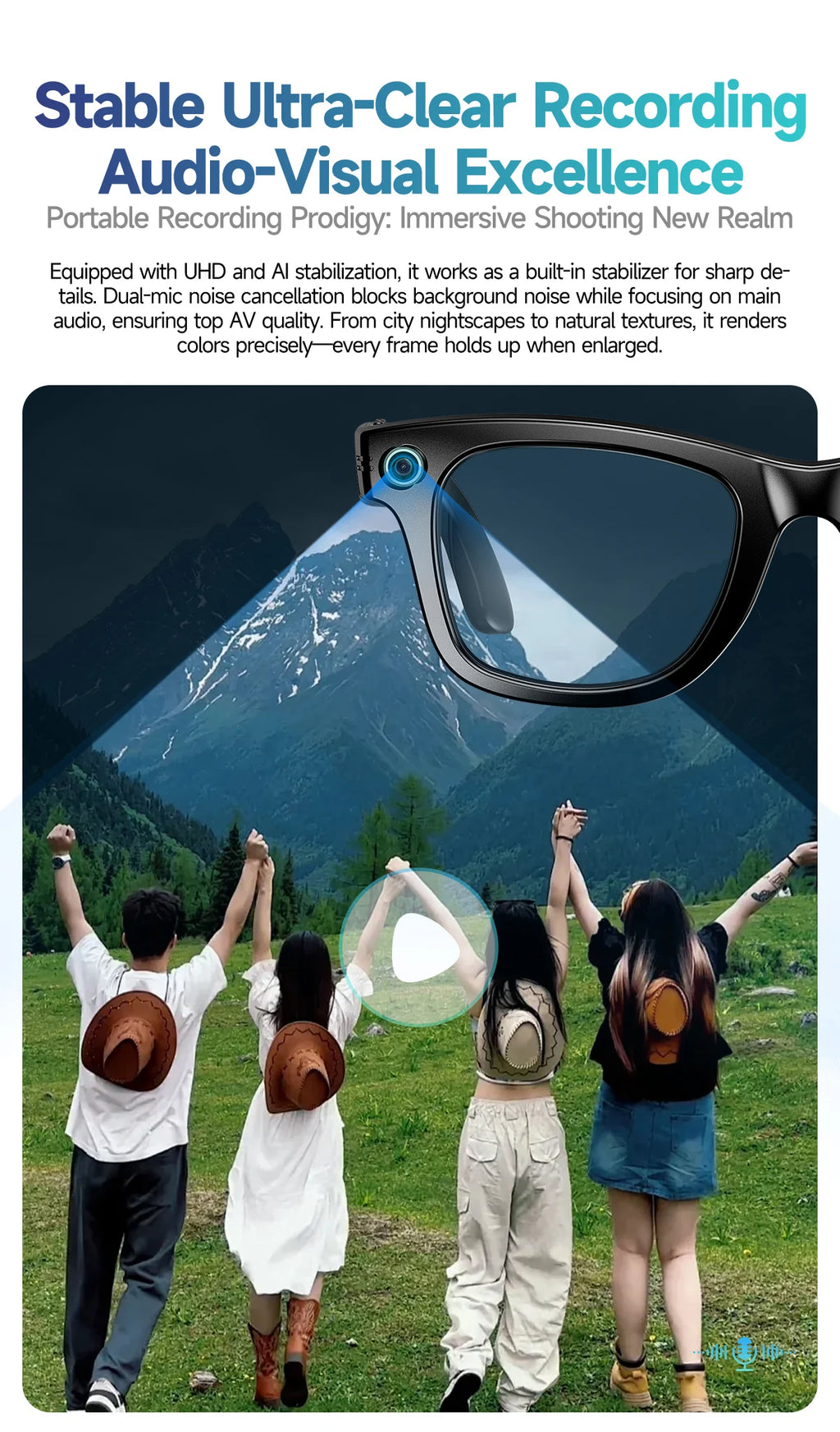 Black smart glasses with a built-in camera, recording a mountain landscape view from the wearer's perspective.