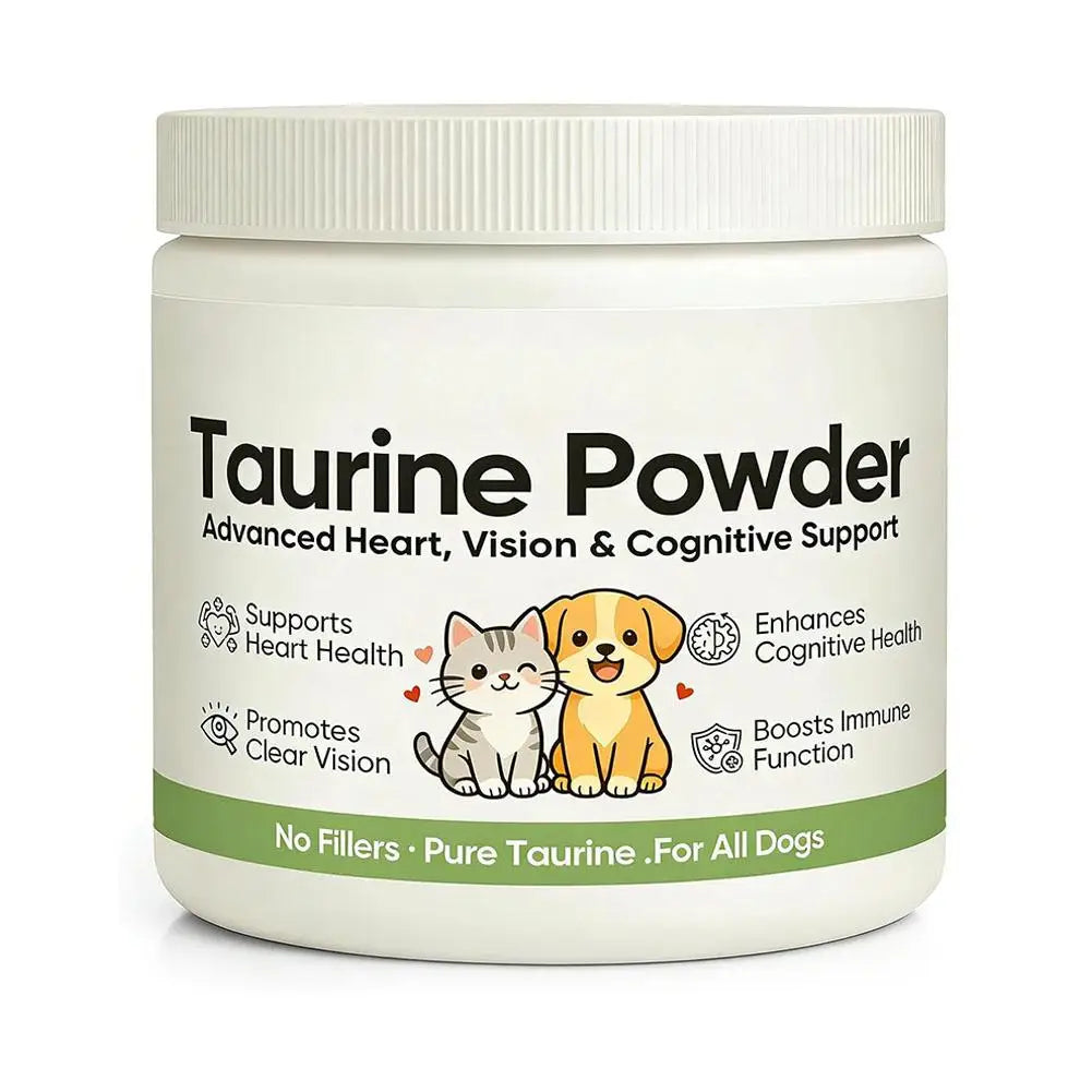 White tub of Taurine Powder for pets with illustrations of a cat and puppy, promoting heart, vision, and brain health.