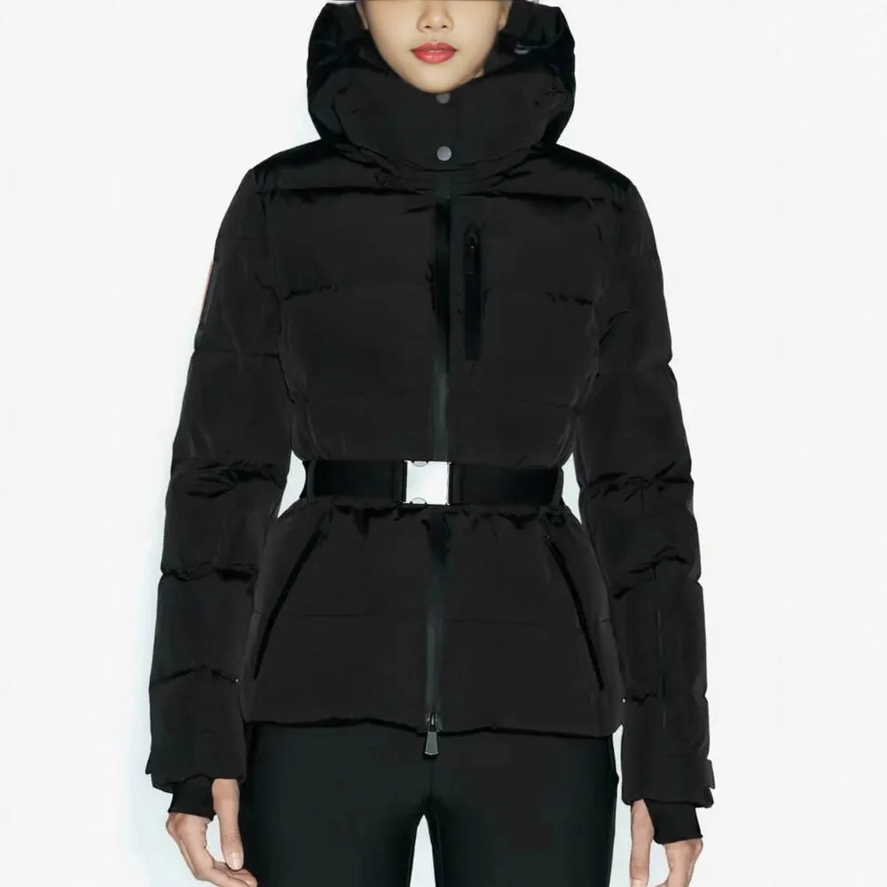 Women’s black belted puffer jacket with a high-neck hood, zip front, and fitted silhouette.