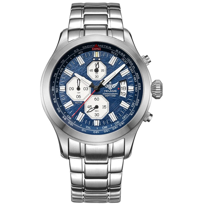 Yelang silver stainless steel quartz chronograph watch with blue textured dial and three white sub-dials.