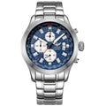 Yelang silver stainless steel quartz chronograph watch with blue textured dial and three white sub-dials.