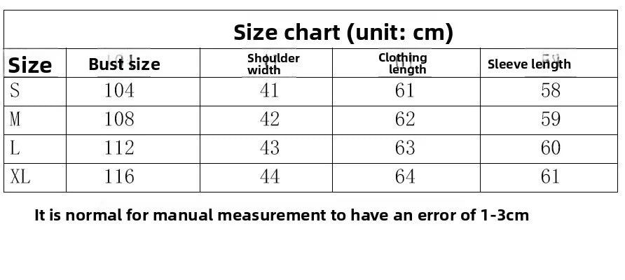 Size chart for clothing in cm, detailing bust, shoulder, length, and sleeve measurements for sizes S to XL.