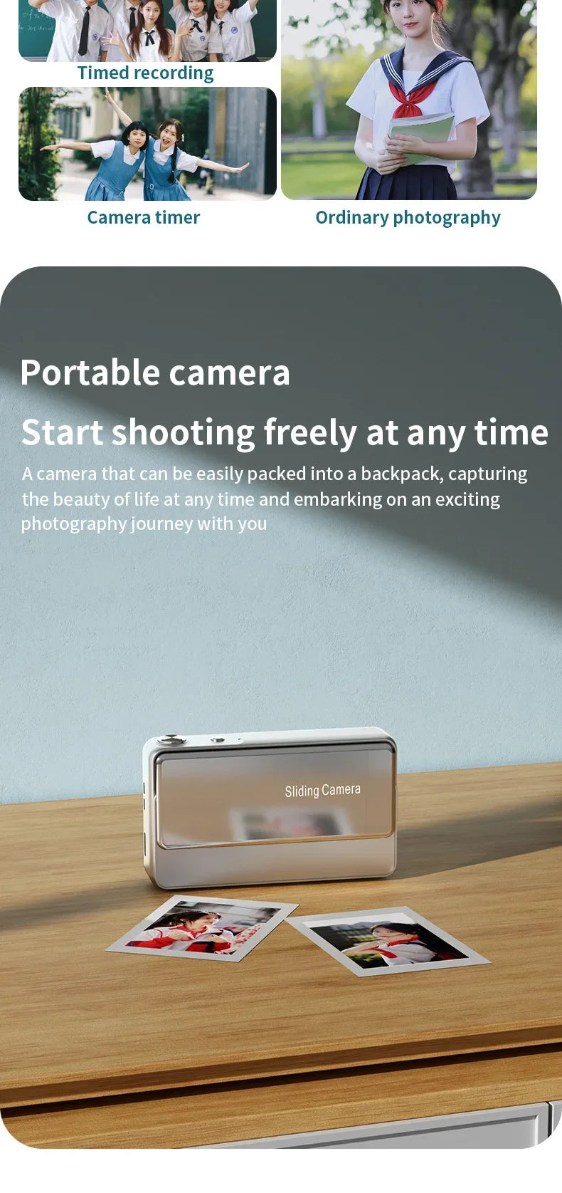 Portable silver sliding camera on a wooden desk with two printed photos displayed in front.
