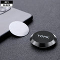 Small, round, black magnetic phone mount with metallic silver edges, shown with a metal adhesive disc.