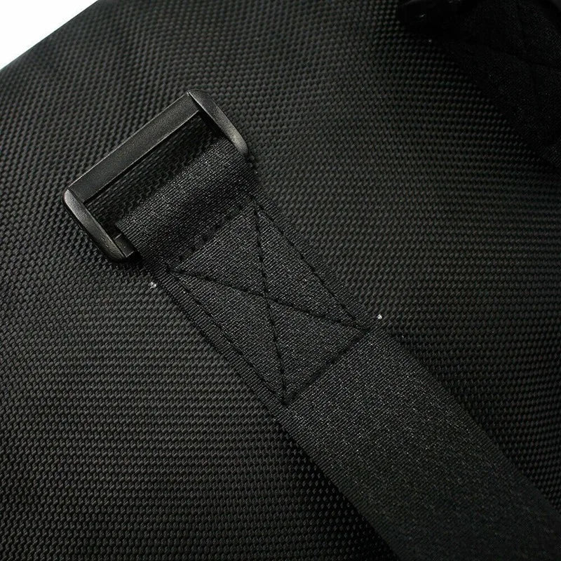 Black waterproof electric bike storage bag with reinforced strap and plastic buckle.