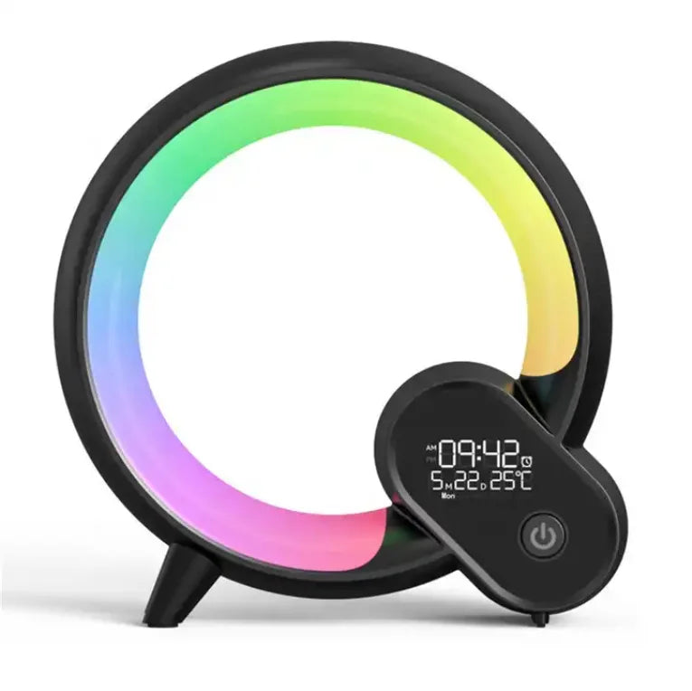 Black circular LED wake-up light with a vibrant rainbow ring, digital clock display, and power button.