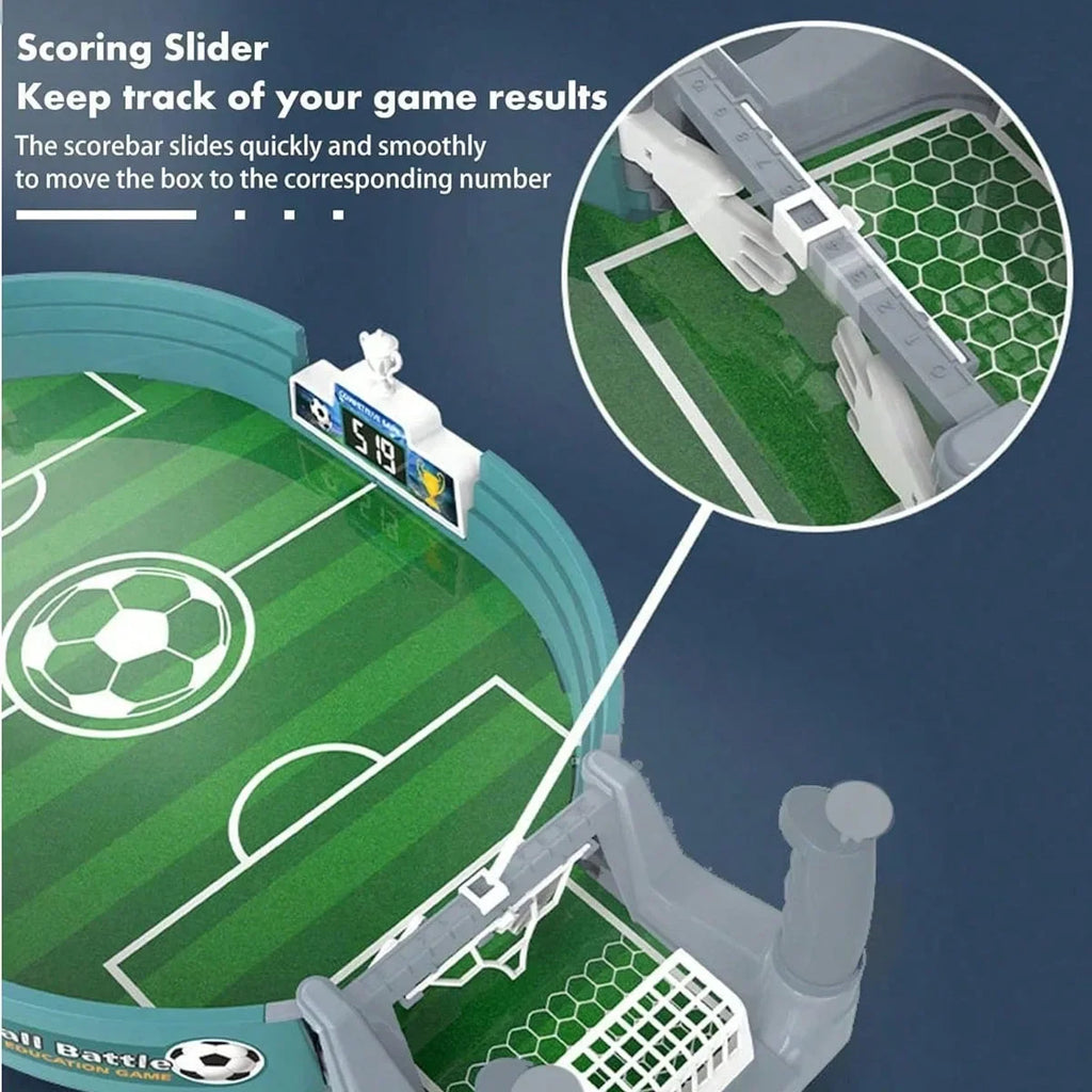 Tabletop football game in teal and grey with a green pitch, goal nets, and a manual sliding score tracker.