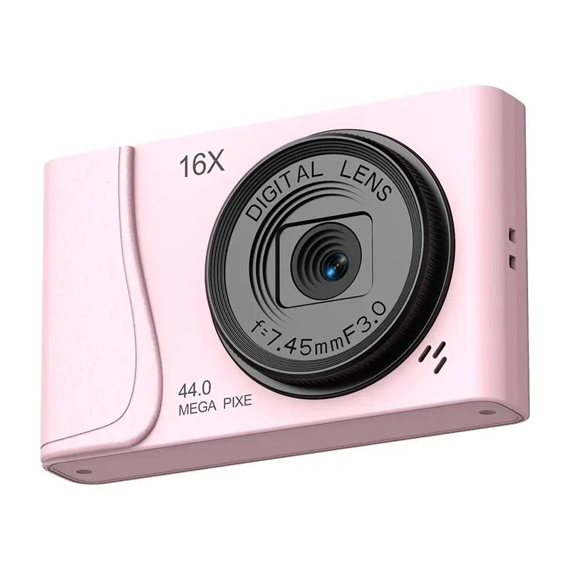 Light pink plastic compact digital camera with a 16x zoom lens and 44-megapixel sensor.