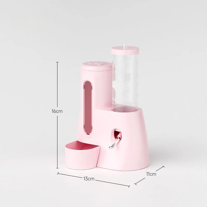Light pink pet feeder and water dispenser with a clear bottle, compact modern design. Dimensions marked in centimeters.
