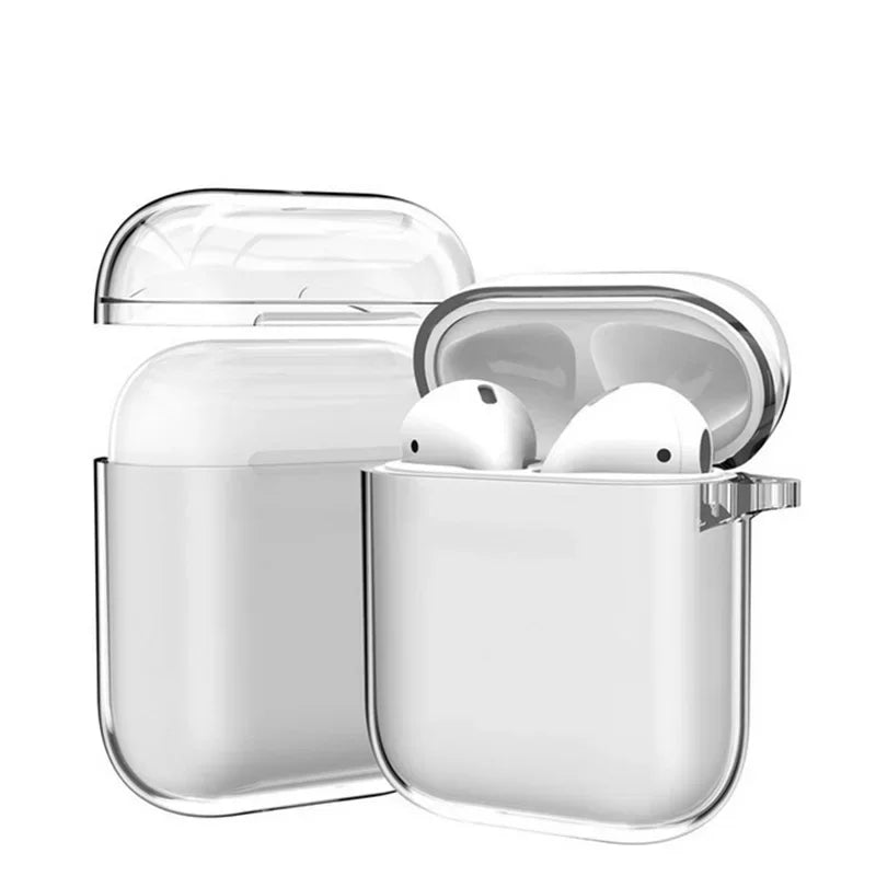 Clear silicone protective case for AirPods 1 and 2, shown open with white wireless earphones inside.