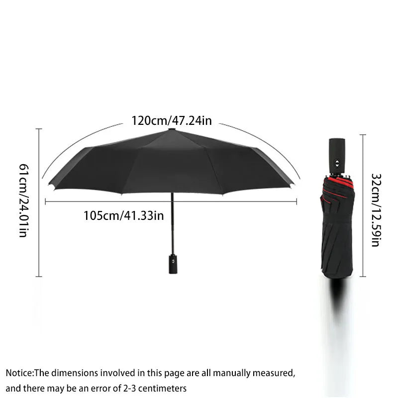 Black folding umbrella with dimension lines showing open and closed sizes.