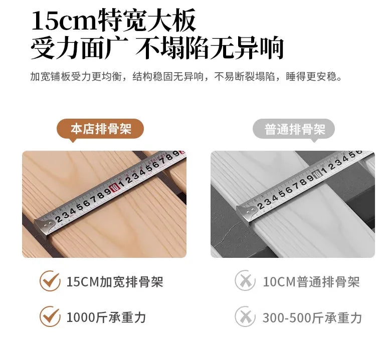 Comparison showing a durable, 15cm wide wooden bed slat against a standard 10cm slat for improved stability.