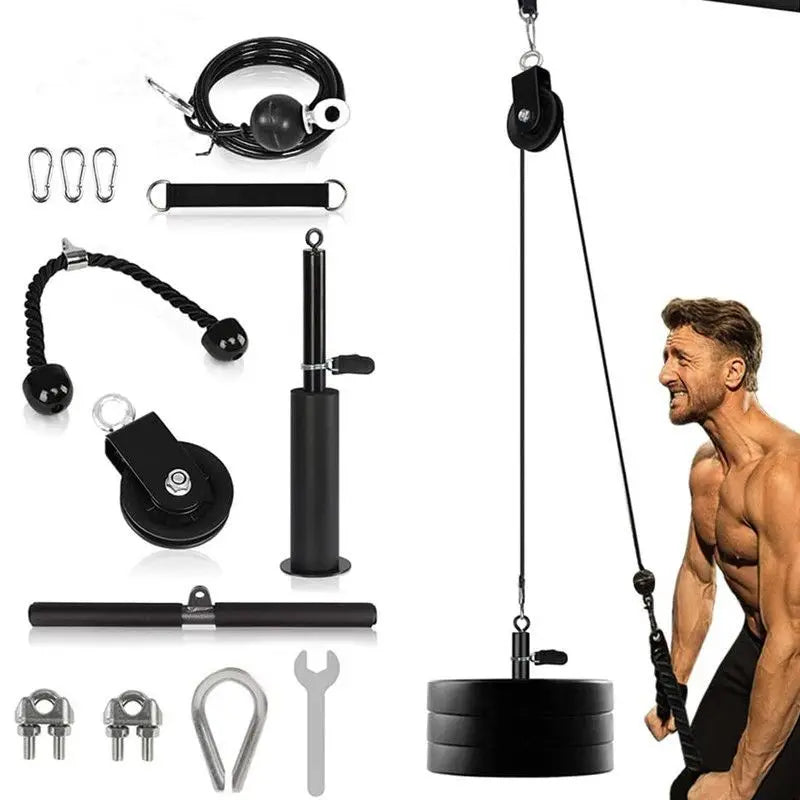 A lat pulley system kit with cables, pulleys, loading pin, and attachments alongside a man working out with weights.