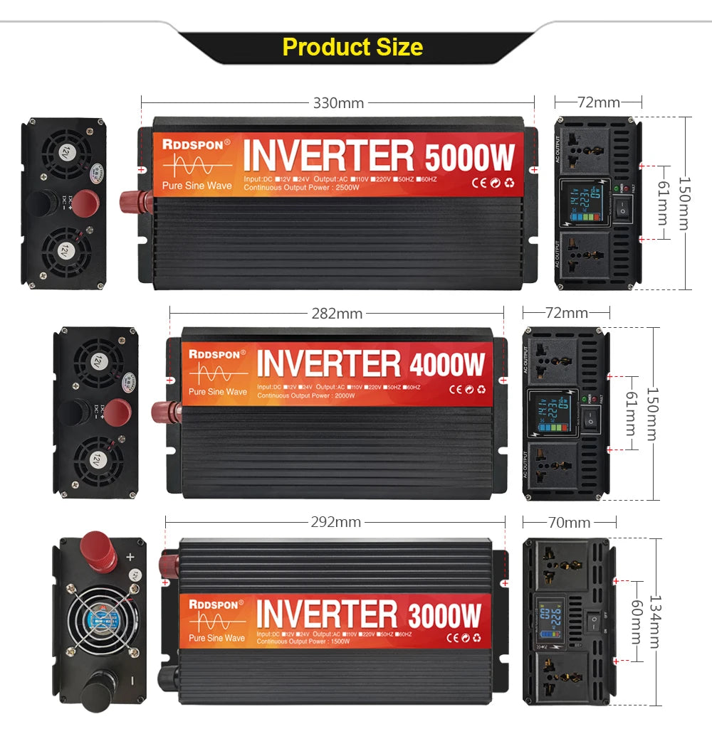 Black pure sine wave power inverters with red labels, dual sockets, digital displays, and cooling fans. Size guide.