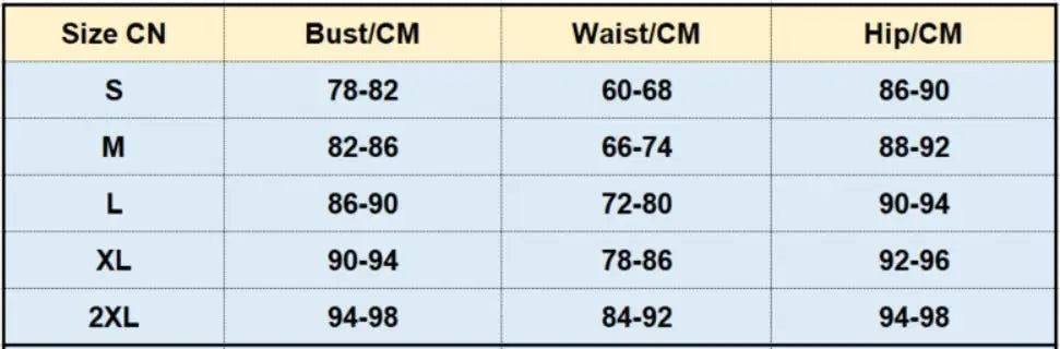 Size guide table showing bust, waist, and hip measurements in centimetres for sizes small to 2XL.