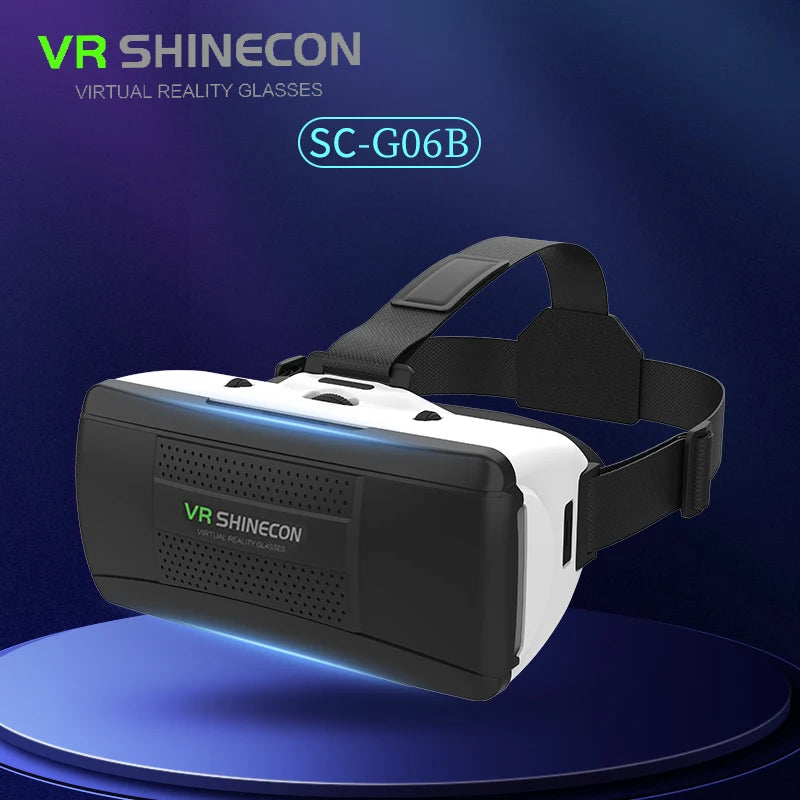 Black and white VR Shinecon virtual reality headset with an adjustable black head strap and vented front panel.