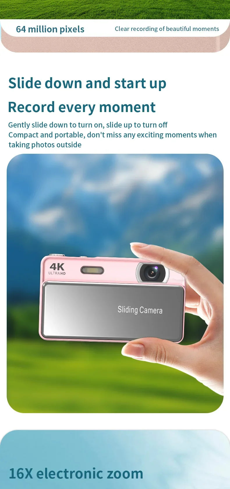 A compact pink digital camera with a sliding cover, 4K resolution, and 16X electronic zoom held in a hand.