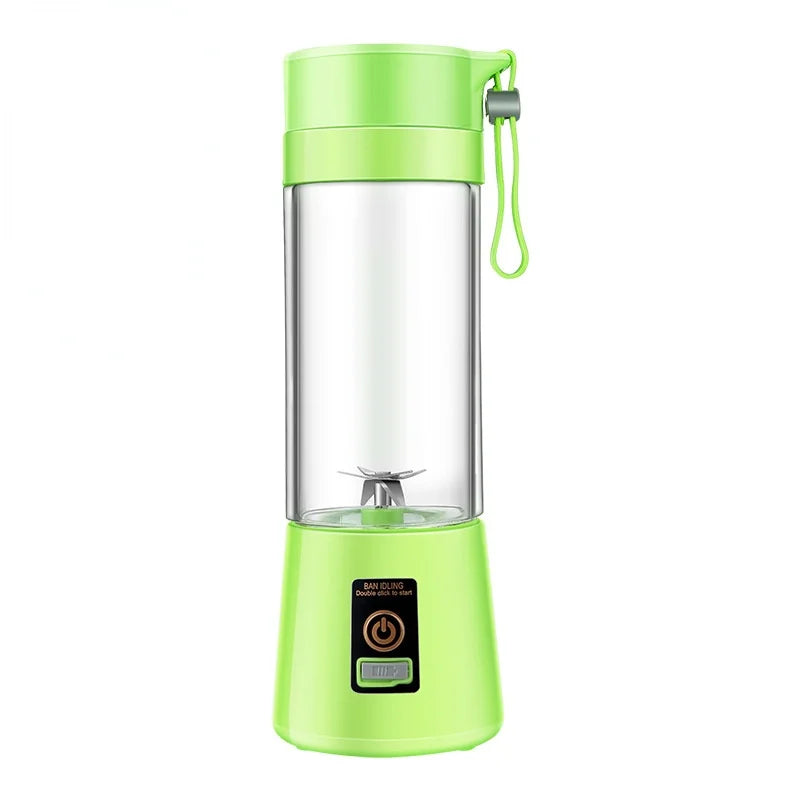 A portable, lime green electric blender with a clear cup, built-in blades, and a convenient carrying strap.