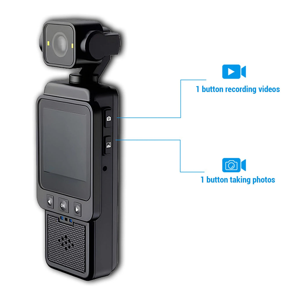 Black handheld digital camera with a screen, gimbal lens, and dedicated buttons for video and photo capture.