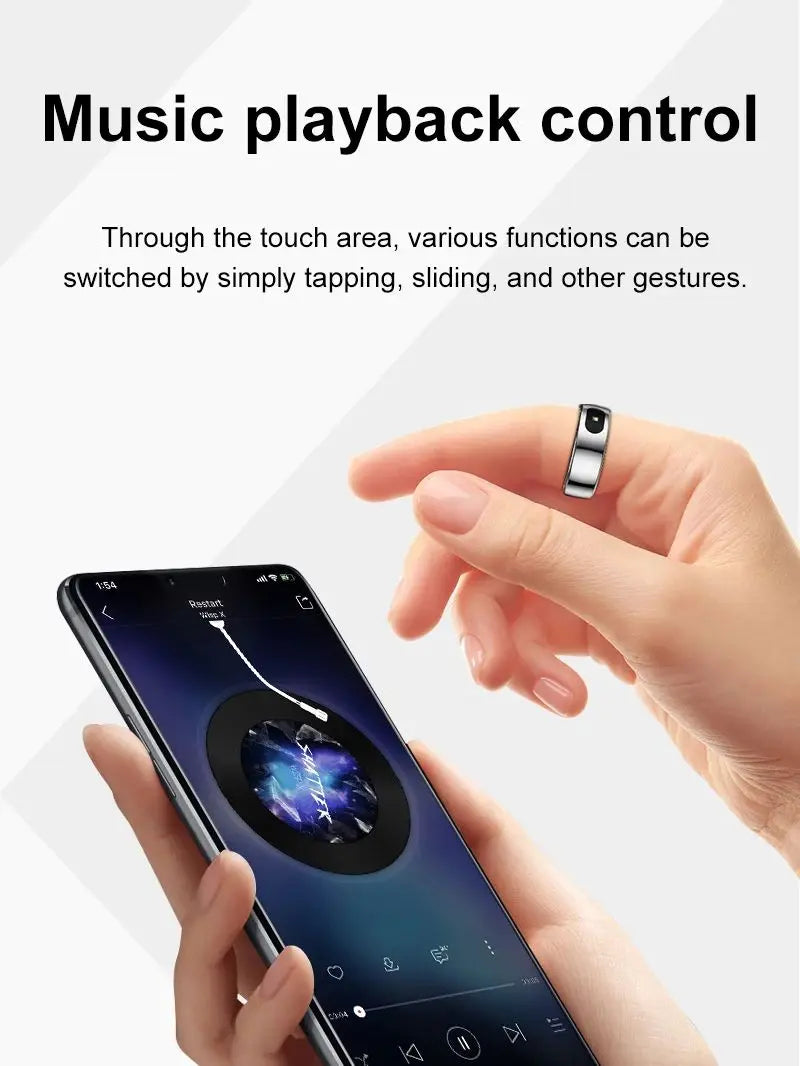Sleek silver smart health ring being used to control music playback on a smartphone via touch gestures.