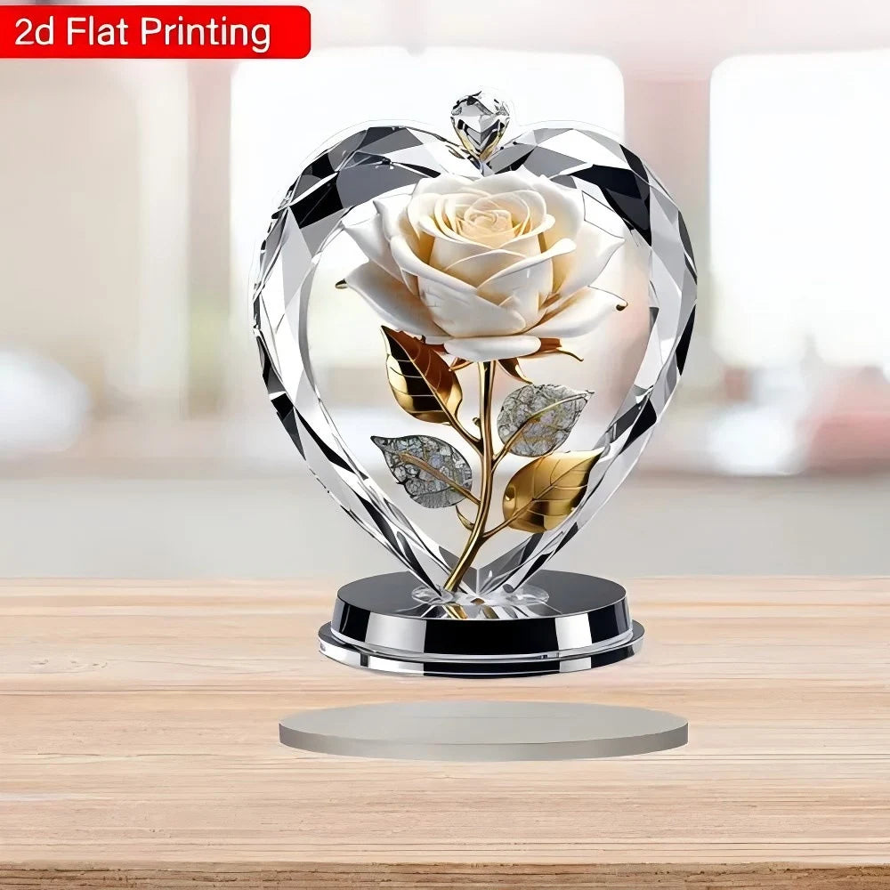 Decorative acrylic heart frame featuring a cream rose with gold-tone leaves on a circular base.