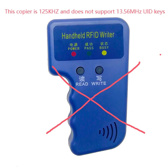 Blue handheld plastic 125KHz RFID writer with Read and Write buttons and status indicator lights.