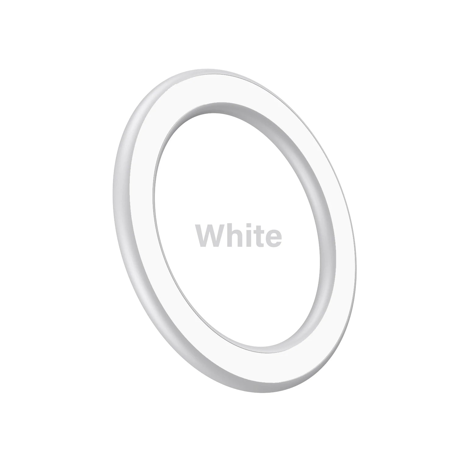 A circular, minimalist white magnetic charger pad set at an angle against a white background.