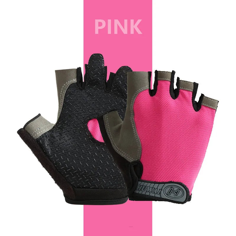 Pink and black fingerless cycling gloves with textured palms, mesh fabric, and adjustable wrist straps.