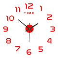 Modern 2D DIY wall clock with vibrant red numbers and central circular piece on a white background.