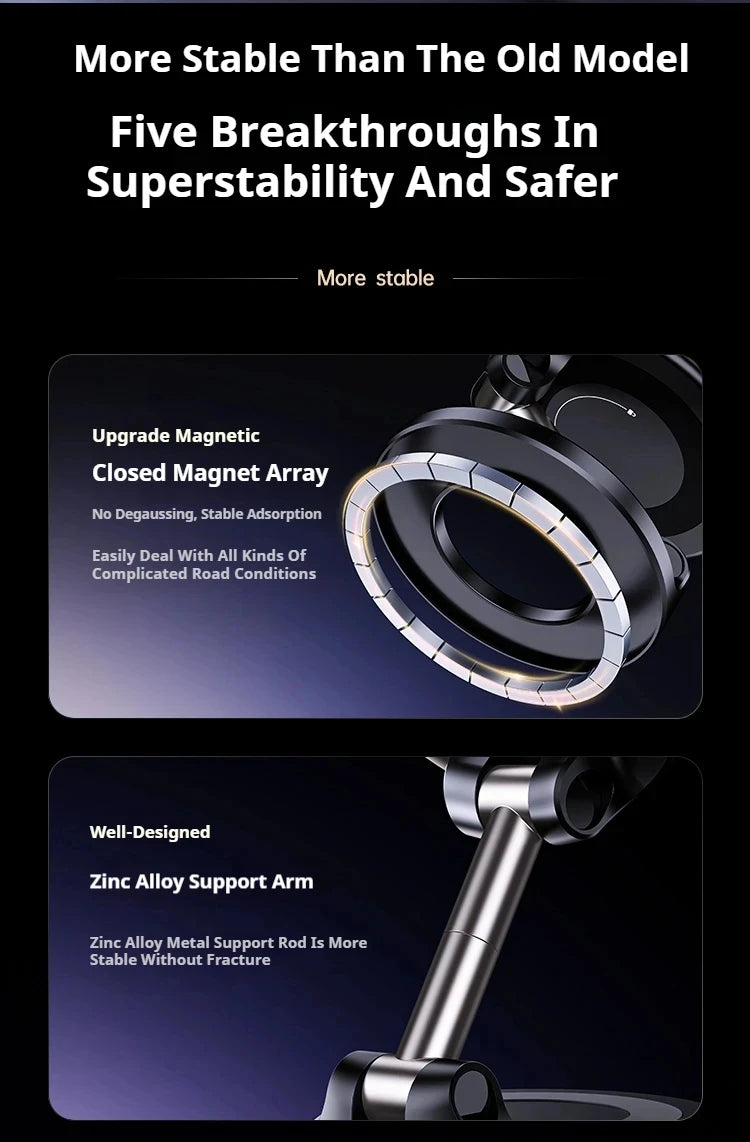 Black, sleek magnetic phone mount with a zinc alloy support arm, highlighting its stability and circular magnet array.