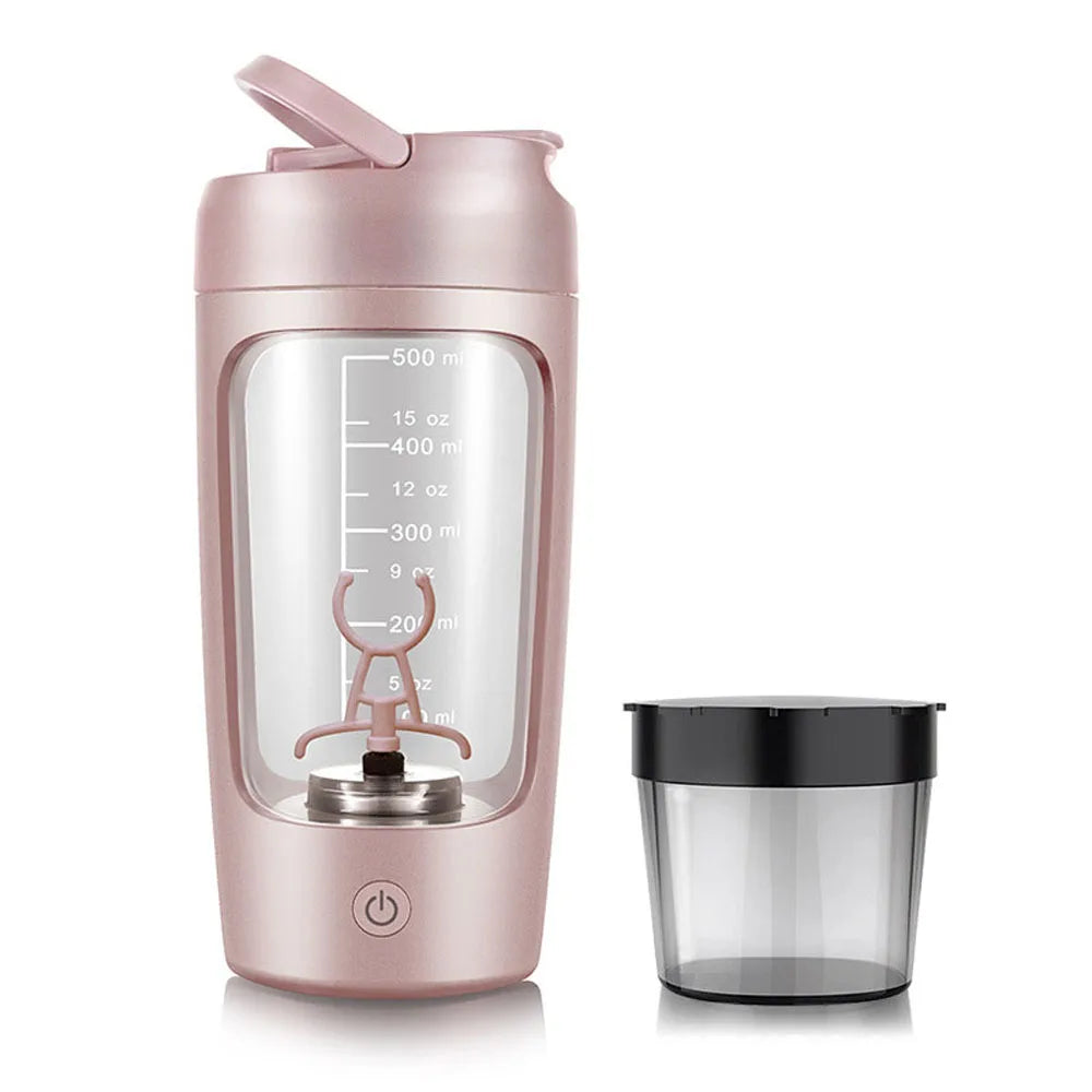 Dusty pink portable electric protein shaker bottle with measuring markings and a detachable cup on a white background.