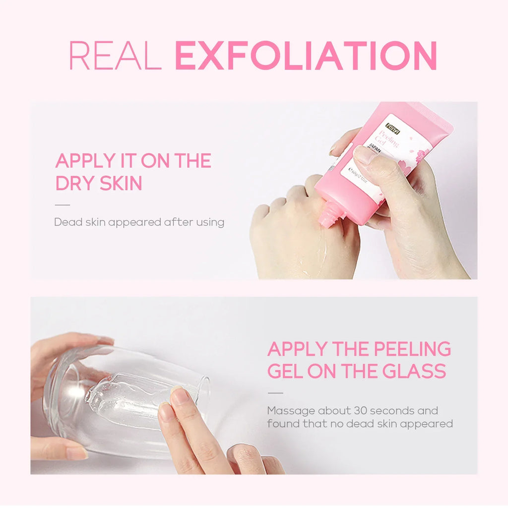 Pink tube of exfoliating face peeling gel being applied to skin to show dead skin removal, plus a glass test.