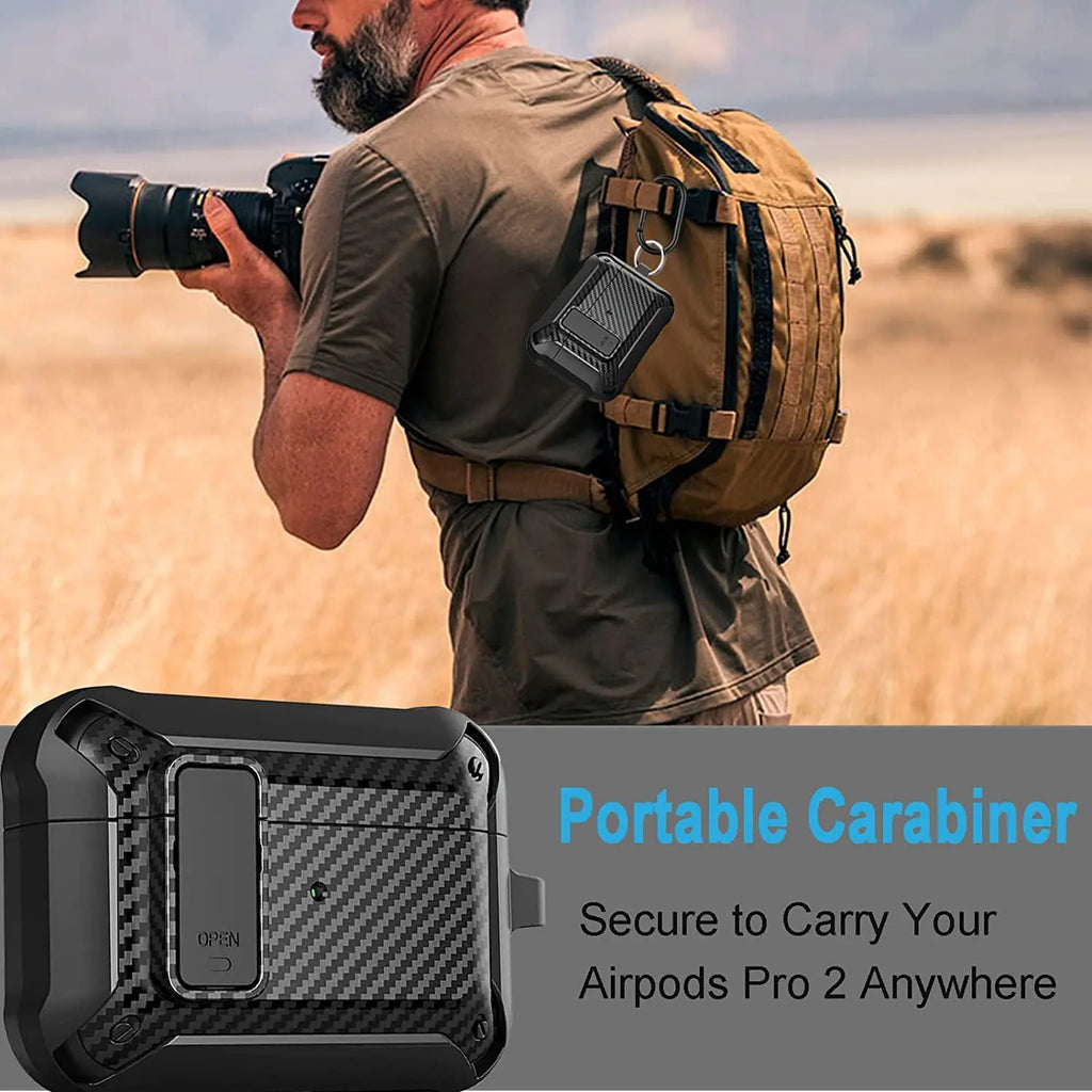 Rugged black carbon fibre-style protective case for AirPods Pro 2, featuring a secure carabiner clip.
